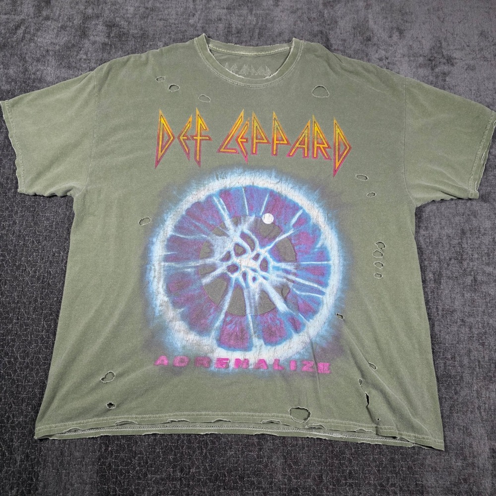 Def Leppard Adrenalize Graphic Tee Distressed Faded Green Rock Band Shirt S/M